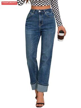 High Waisted Tummy Control Straight Leg Cuffed Ankle Jeans